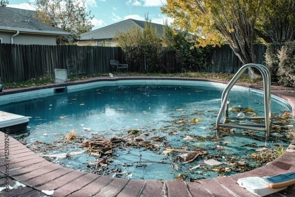 Fototapeta Backyard pool filled with debris and leaves under a clear blue sky in late fall. Generative AI