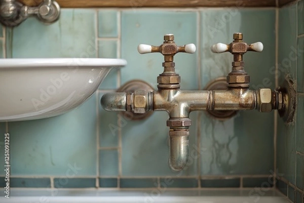 Fototapeta Bathroom sink with disassembled pipes and vintage fixtures in a tiled space ready for plumbing work. Generative AI