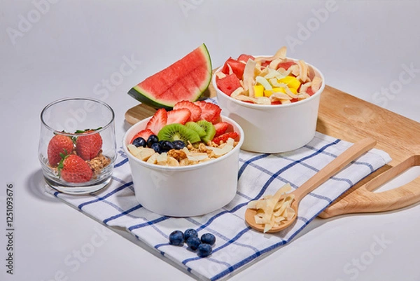 Fototapeta A delicious and nutritious granola bowl topped with fresh strawberries, blueberries, kiwi, banana slices, coconut flakes, and almonds. Placed on a wooden board with a checkered napkin.