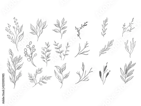 Fototapeta Set of different abstract branch with leaves of different shapes in black isolated on white background.