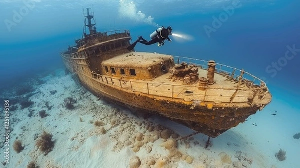 Obraz Deep-sea diver exploring a mysterious shipwreck in dark ocean depths