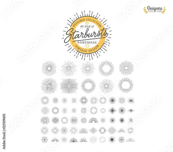 Fototapeta Collection of trendy hand drawn retro sunburst/bursting rays design elements