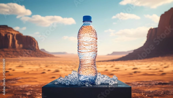 Fototapeta A plastic bottle with cold natural drinking water stands on an ice podium against a background of sand in the desert. Advertising and branding of drinking fresh water, copy space