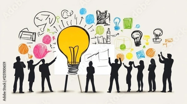 Fototapeta A brainstorming session in progress, with diverse team members placing ideas on a vision board, collaborating to finalize a crucial project plan." high resolution -