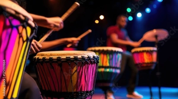 Fototapeta Colorful drums, rhythmic performance, stage, spotlights