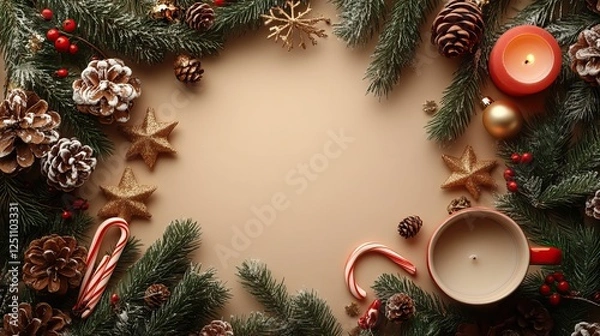 Fototapeta Hilarious kids' New Year party table setup A top view shot of Santa-themed tableware, a holder, a candy cane in a cup, a star candle, mistletoe, and more on a pastel beige background with text space.