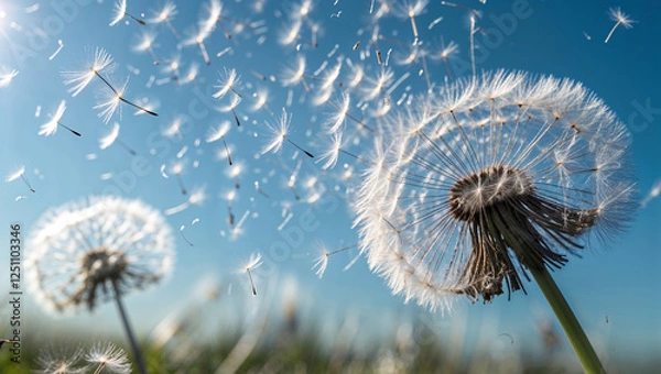 Fototapeta Dandelion seeds dispersing in the breeze against a clear blue sky symbolizing movement and freedom in nature with a soft and airy atmosphere