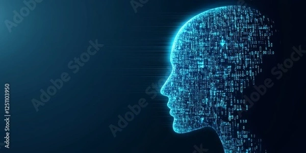 Fototapeta Digital Mind Abstract Human Head Formed by Binary Code and Circuitry on Blue Background
