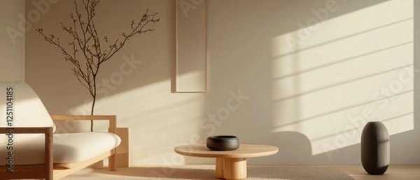 Fototapeta Modern living room with a minimalist design. the room has a beige wall with a large window on the right side, allowing natural light to enter the space.