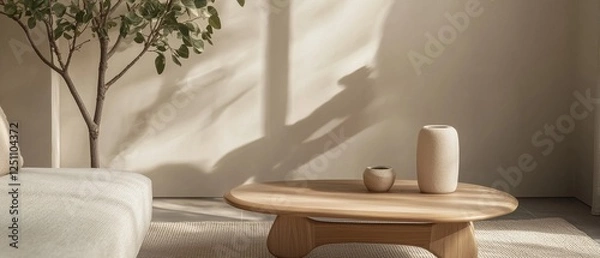 Fototapeta Modern living room with a wooden coffee table in the center. on the table, there are two white vases and a small vase. the table is made of light-colored wood and has a round shape.