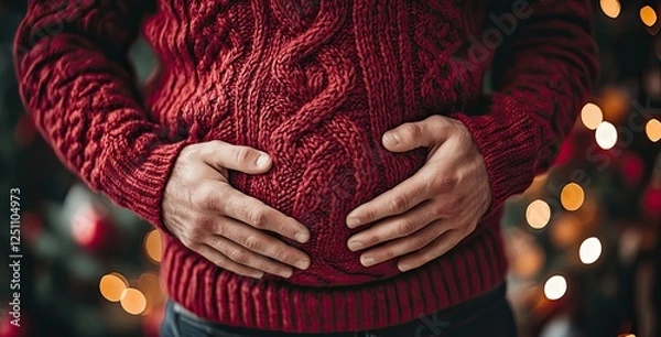 Fototapeta Holidays overeating concept a man in a red sweater holding his big tummy, isolated on a red background.