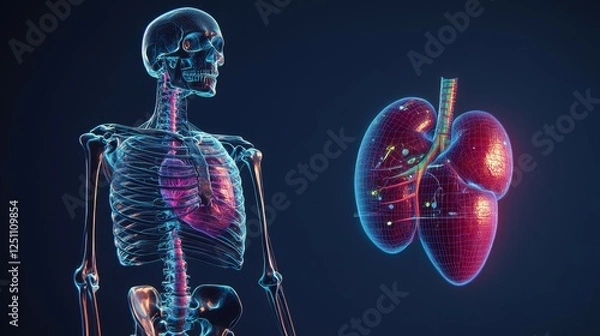 Fototapeta A skeletal figure with a glowing, 3D representation of a kidney, illustrating human anatomy.