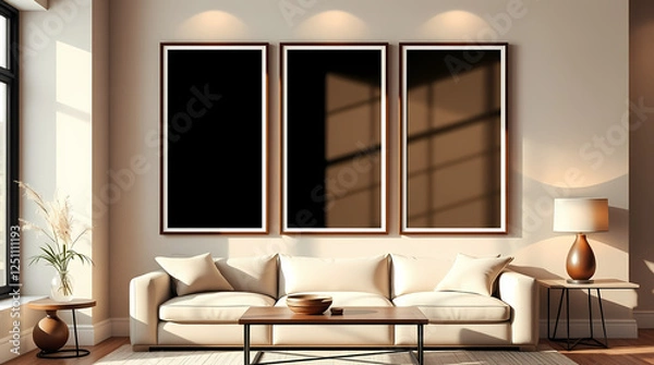 Obraz Three vertical black frame mockup on the wall of living room. Modern interior design with black details. 3D render, 3D visualization. Cozy interior in warm beige colors. Soft light falls from the left