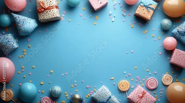 Obraz birthday party concept. cheerful table arrangement featuring presents, birthday hats, lollipops, balloons, and confetti on a pastel blue background, perfect for text or ad.