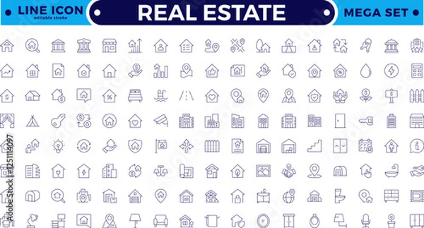 Fototapeta Real Estate minimal thin line web icon set. Included the icons as realty, property, mortgage, home loan and more. Outline icons collection. House, key, buy, sell, loan. Editable stroke outline icon.
