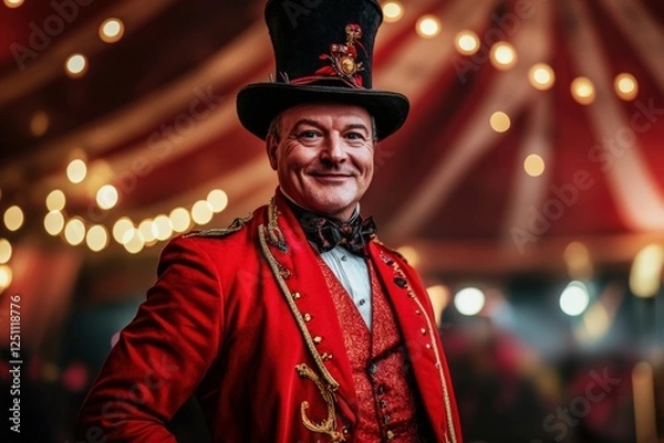 Fototapeta Charismatic ringmaster in striking red coat captivates audience under circus tent lights. Generative AI