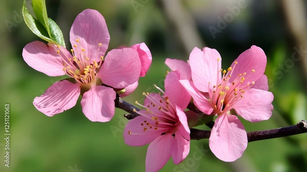Fototapeta Blossoming pink peach flowers on branch, vibrant spring colors, outdoor garden scene, possible use for spring cards or nature background