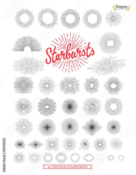 Fototapeta Collection of trendy hand drawn retro sunburst/bursting rays design elements