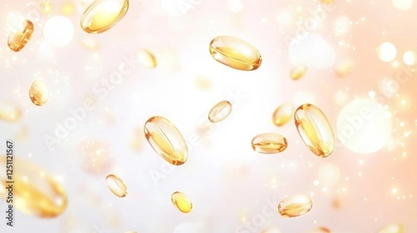 Fototapeta A serene background with floating golden capsules, creating a soft, ethereal ambiance that evokes feelings of health and wellness.