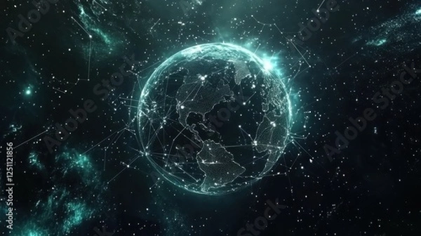 Obraz Futuristic Earth-centered network with glowing crypto nodes and IoT connections, symbolizing global digital connectivity.
