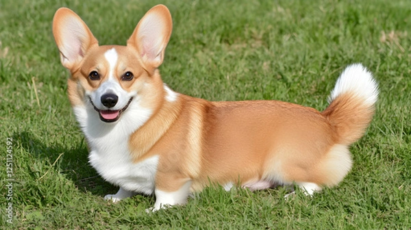 Fototapeta Adorable corgi puppy in a grassy field. Possible use Pet ad, social media