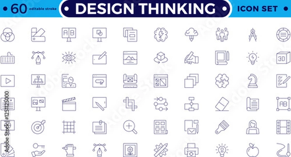 Fototapeta Set of design thinking icons. Line art style icons bundle. Minimalist thin linear web icon set. Editable stroke outline icon. 
