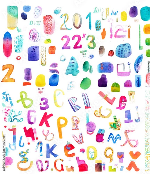 Fototapeta カラフルでかわいい水彩イラスト・アイコン　セット　絵本　数字　文字