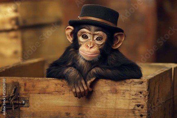 Fototapeta Circus monkey wearing a tiny hat rests playfully on a wooden crate in a lively performance setting. Generative AI