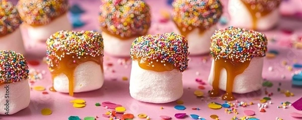 Fototapeta Detailed close-up of marshmallows dipped in caramel and rolled in sprinkles, surrounded by colorful confetti, festive look