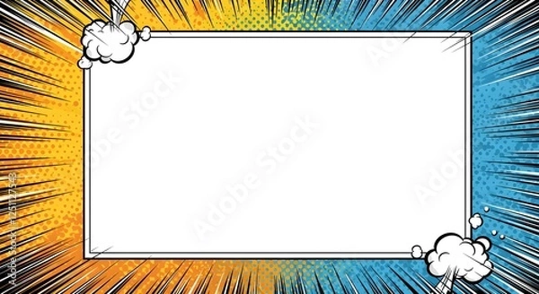 Fototapeta Pop art style comic cartoon frame background, featuring bold halftone patterns, bright colors, dynamic action lines with frame