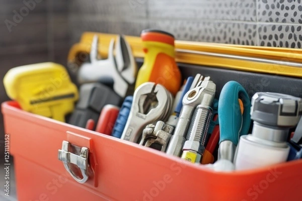 Fototapeta Organized toolbox filled with various tools placed on a work surface in a tidy workshop. Generative AI