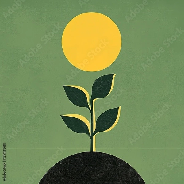 Fototapeta A vibrant illustration of a sprouting plant with leaves under a bright yellow sun, set against a green background, symbolizing growth and vitality.