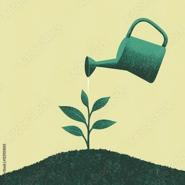 Fototapeta A watering can pours water onto a green plant sprouting from dark soil, set against a light yellow background.