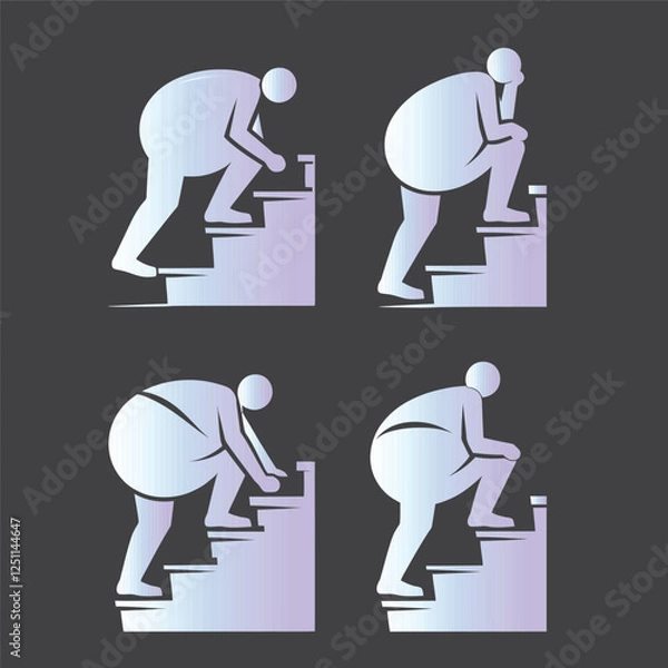 Obraz A person struggling climbing stairs, gradient  graphic, simple shapes, pictogram style, directional symbols, upward movement, physical effort illustration, silhouette obesity