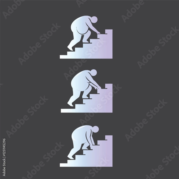 Obraz A person struggling climbing stairs, gradient  graphic, simple shapes, pictogram style, directional symbols, upward movement, physical effort illustration, silhouette obesity