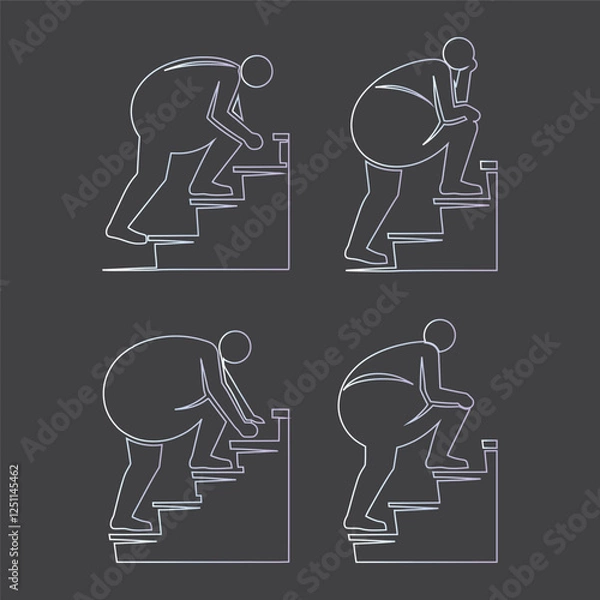 Obraz A person struggling climbing stairs, gradient outline graphic, simple shapes, pictogram style, directional symbols, upward movement, physical effort illustration, silhouette obesity