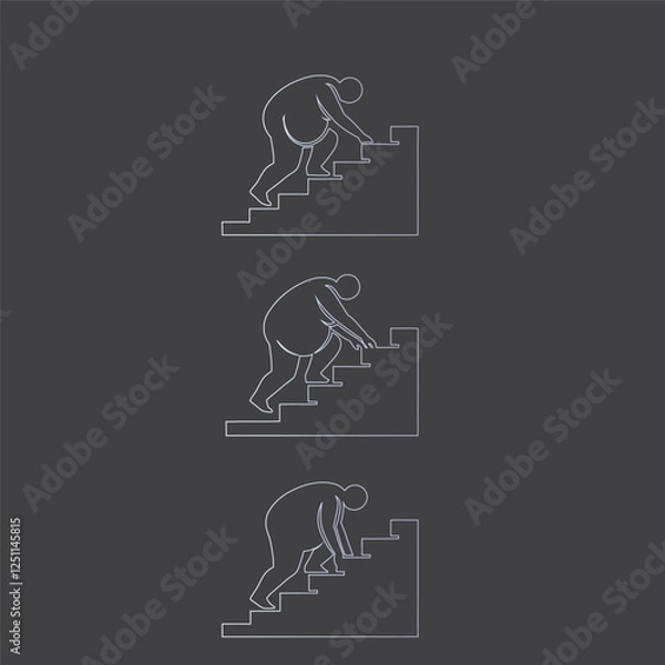 Obraz A person struggling climbing stairs, gradient outline graphic, simple shapes, pictogram style, directional symbols, upward movement, physical effort illustration, silhouette obesity