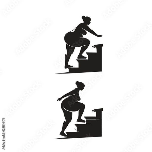 Obraz A person struggling climbing stairs, black and white graphic, simple shapes, pictogram style, directional symbols, upward movement, physical effort illustration, silhouette obesity