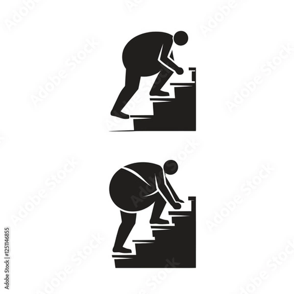 Obraz A person struggling climbing stairs, black and white graphic, simple shapes, pictogram style, directional symbols, upward movement, physical effort illustration, silhouette obesity