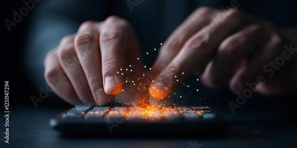 Fototapeta Hands Typing on a Keyboard with Glowing Particles and Digital Effects in a Modern Tech Environment
