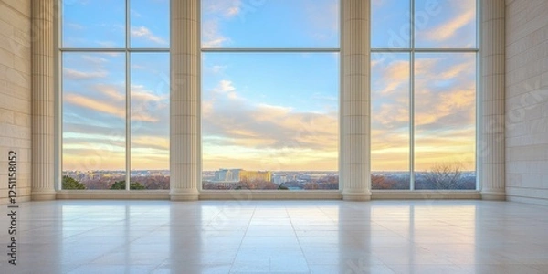 Fototapeta Bold architectural symmetry of city skyline captured during golden hour highlights striking geometric patterns and rich hues in urban imagery.