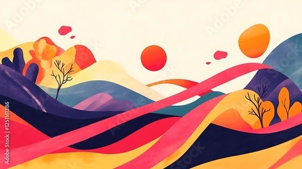 Fototapeta Abstract landscape painting with vibrant hills and suns
