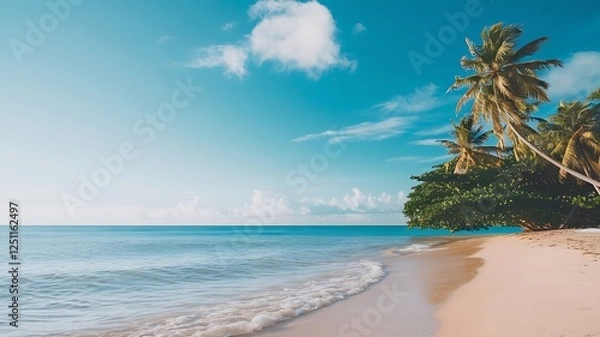Fototapeta A photo of a serene summer scene with clear blue skies, fluffy white clouds, and a calm lake with a few boats. The lake is surrounded by lush green trees and grass. The ground is covered with vibrant 