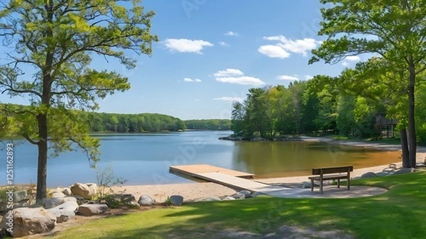 Fototapeta A photo of a serene summer scene with clear blue skies, fluffy white clouds, and a calm lake with a few boats. The lake is surrounded by lush green trees and grass. The ground is covered with vibrant 
