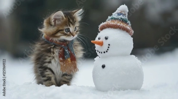 Fototapeta A Kitten and Snowman Winter Scene in the Snow