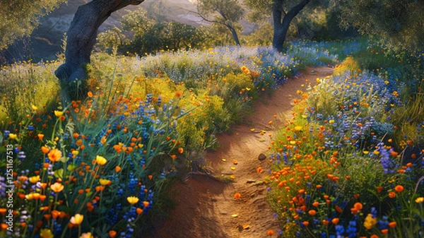 Obraz A nature walk path lined with wildflowers, symbolizing the therapeutic benefits of connecting with the outdoors.