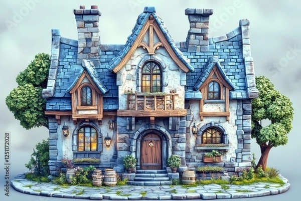 Fototapeta Visualize a whimsical two-story building designed in a low-poly fantasy style featuring intricate stonework, wooden accents, and a welcoming facade
