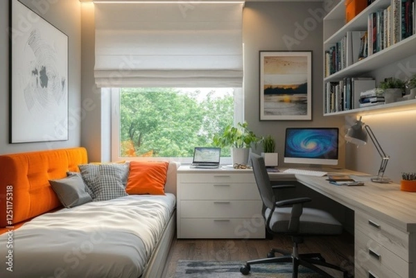 Fototapeta A student room showcases a cozy bed with orange accents, a well-organized workspace, and natural light from a large window with greenery outside
