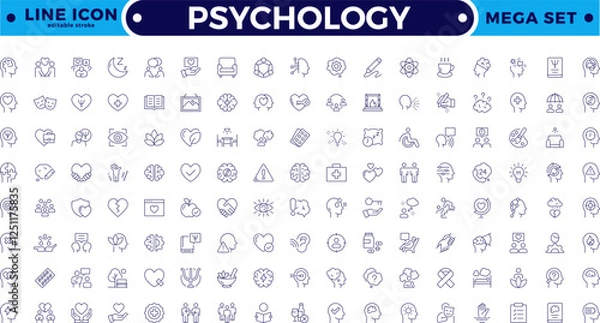 Fototapeta Psychology and mental line icons collection. Big UI icon set in a flat design. Set of positive thinking icon. Containing self-care, optimism, be loved, healthy lifestyle. Editable stroke outline icon.