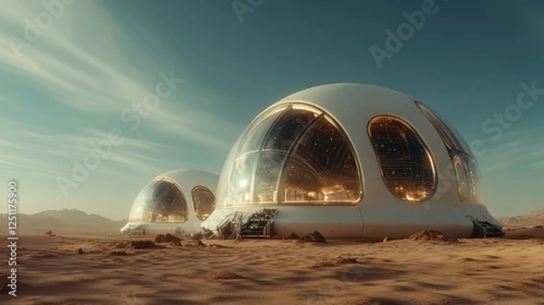 Fototapeta Two futuristic dome structures gleaming under the sun, set against a desert backdrop, representing human ingenuity and the quest for habitation on other planets.